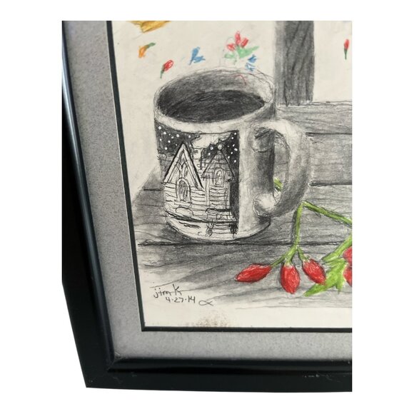Original Framed Drawing – Coffee & Bible Still Life – Signed “Jim K” (2014) – 9" - Picture 2 of 3